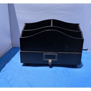 Vintage Style Black Wooden Desktop Mail Organizer Caddy with Brass Label Holder